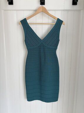 Hervé Léger Bandage Bodycon Mini Dress — Deep Teal V-Neck, Size S NWT